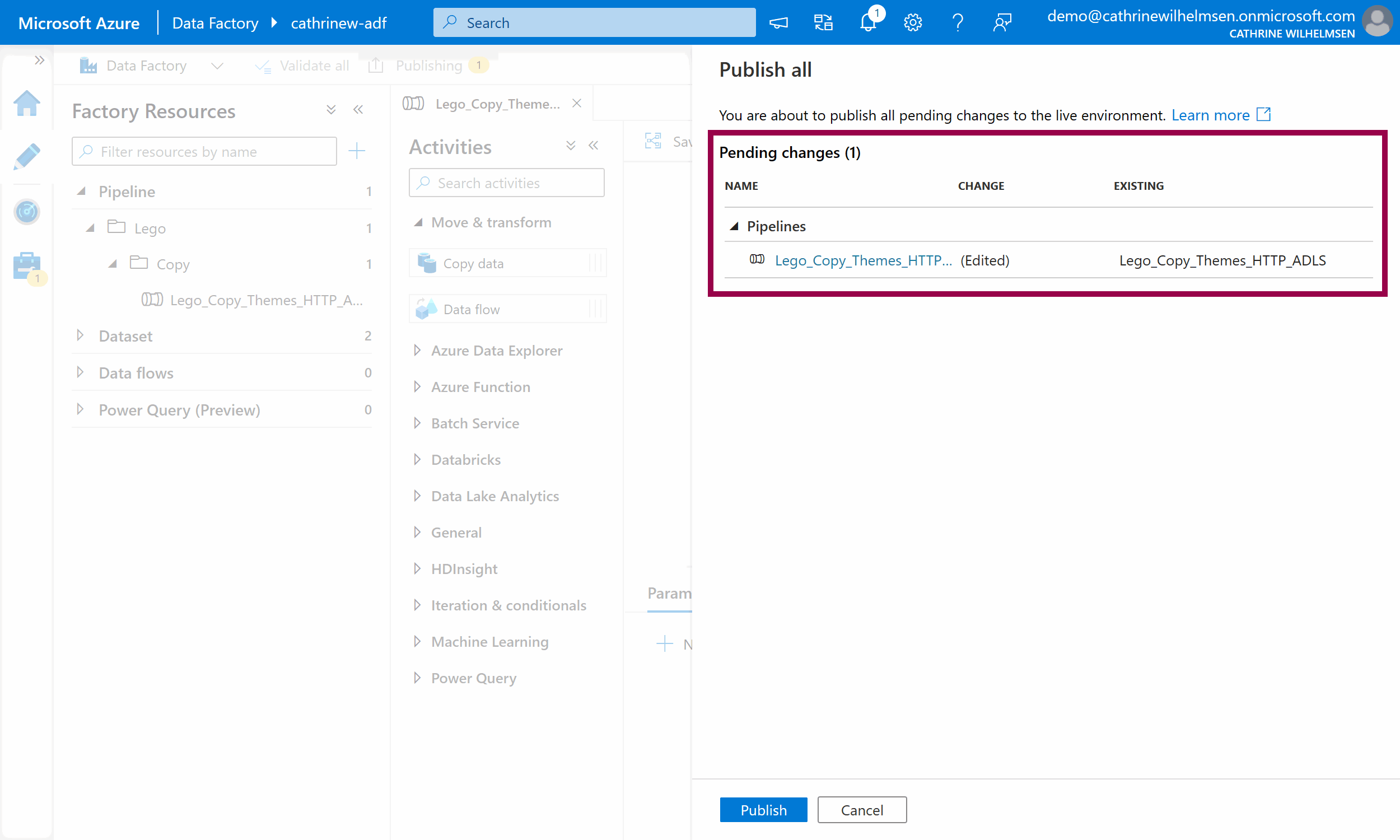 Screenshot of the Azure Data Factory interface with the Publish All pane open.