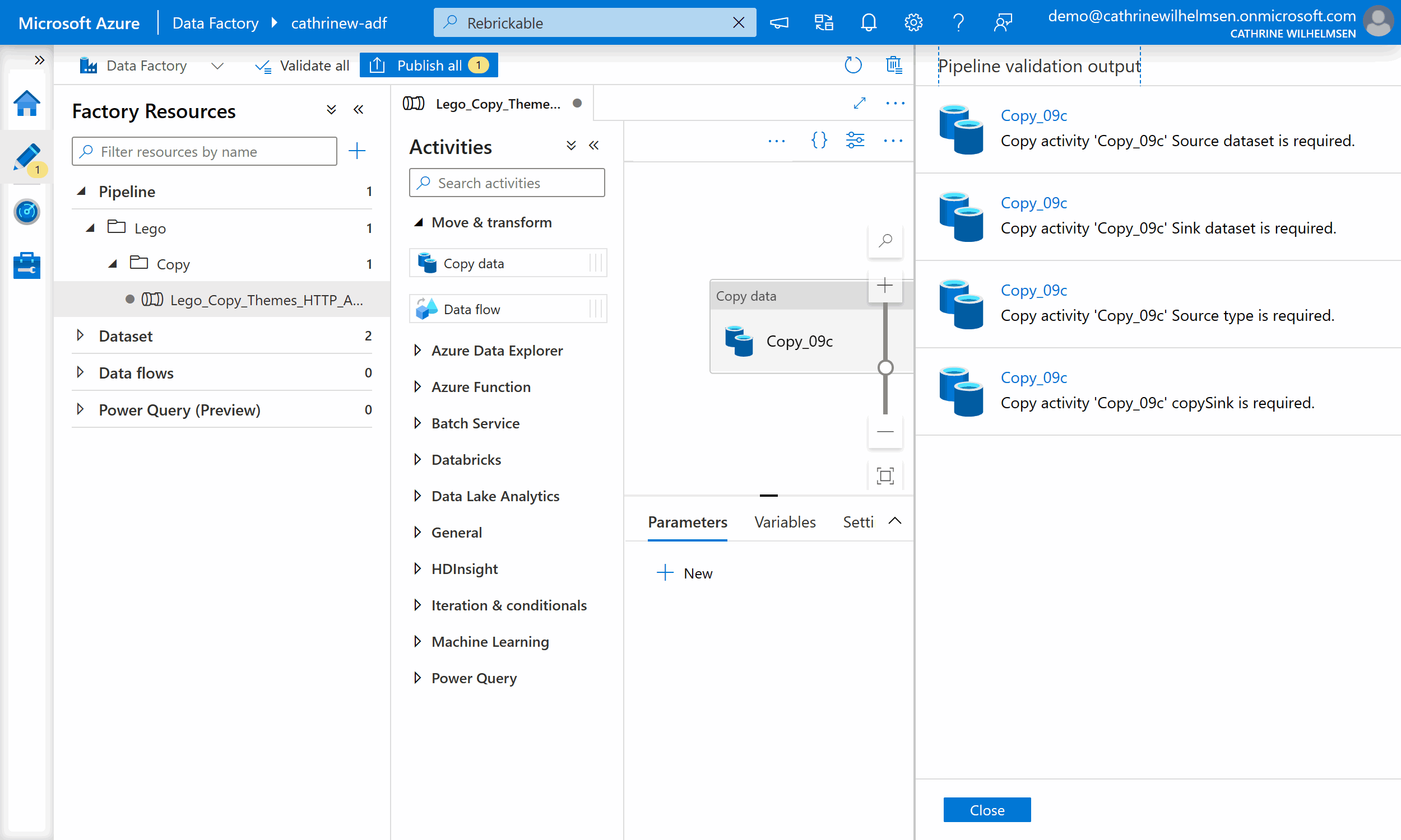 Screenshot of the Azure Data Factory user interface showing pipeline validation output.