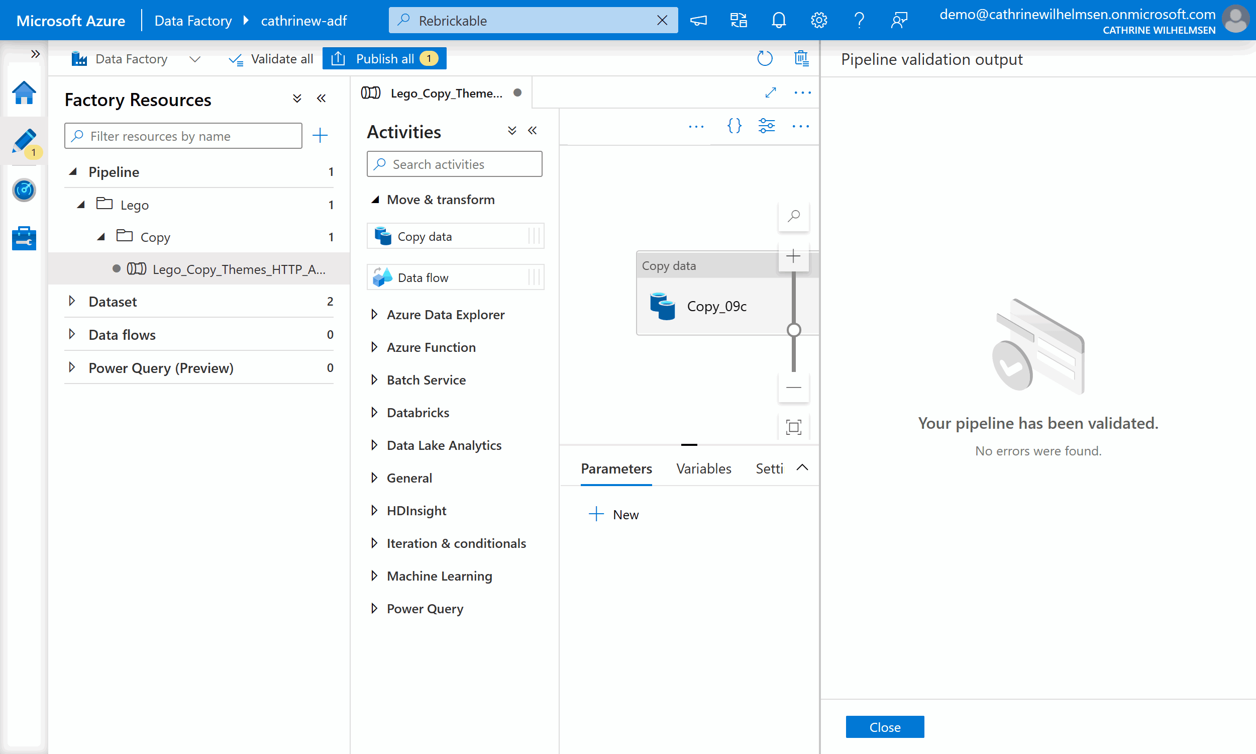 Screenshot of the Azure Data Factory user interface showing no errors.