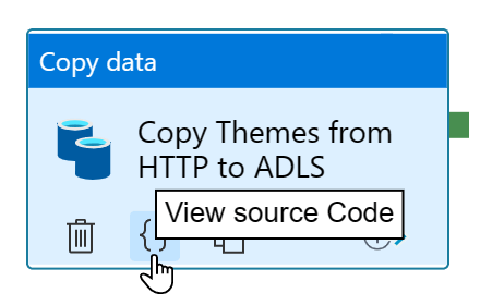 Screenshot of the copy data activity, highlighting the view source code button.