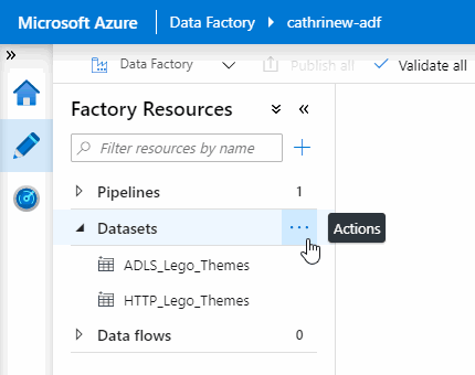 Screenshot of the Azure Data Factory user interface, showing the datasets actions