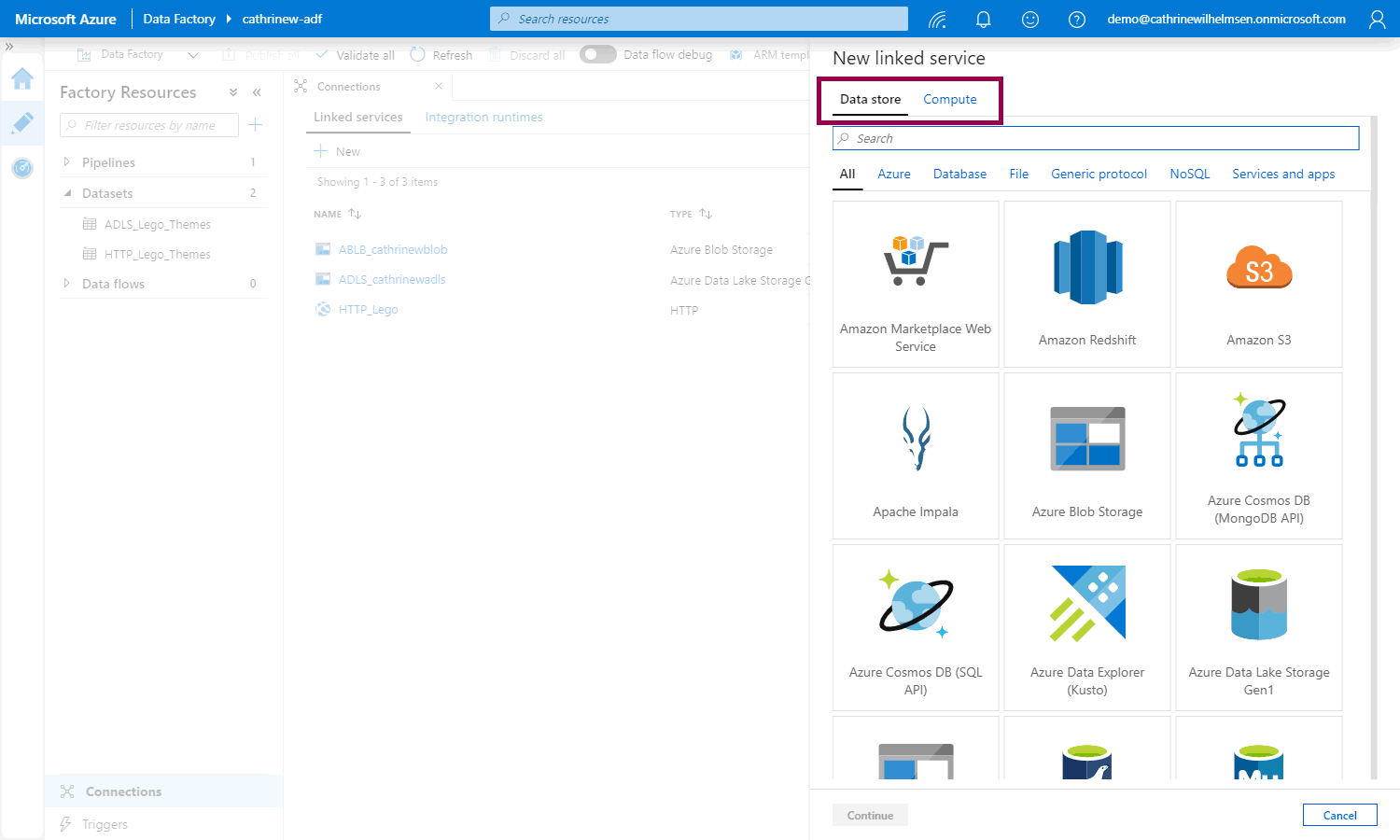 Screenshot of the new linked service pane, highlighting data stores
