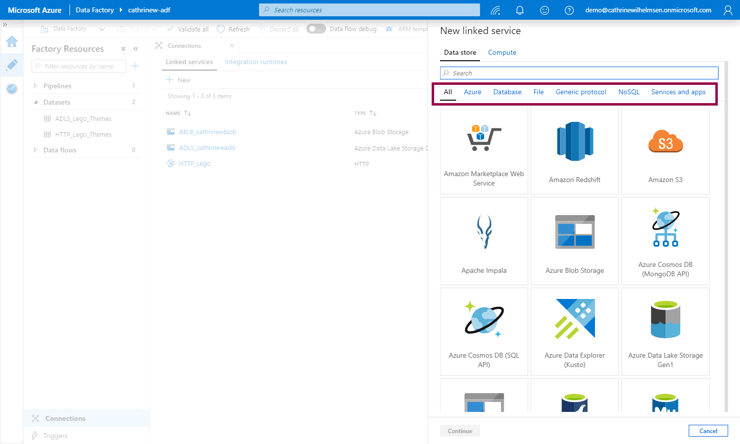 Screenshot of the new linked service pane, highlighting data store sub-categories