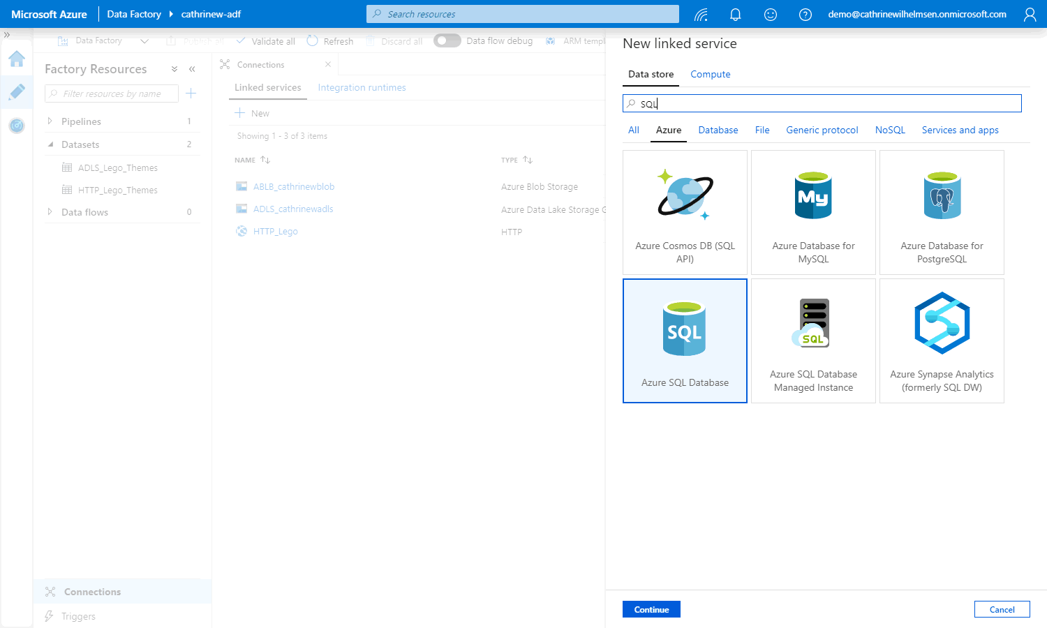 Screenshot of the new linked service pane, highlighting the Azure SQL Database connector