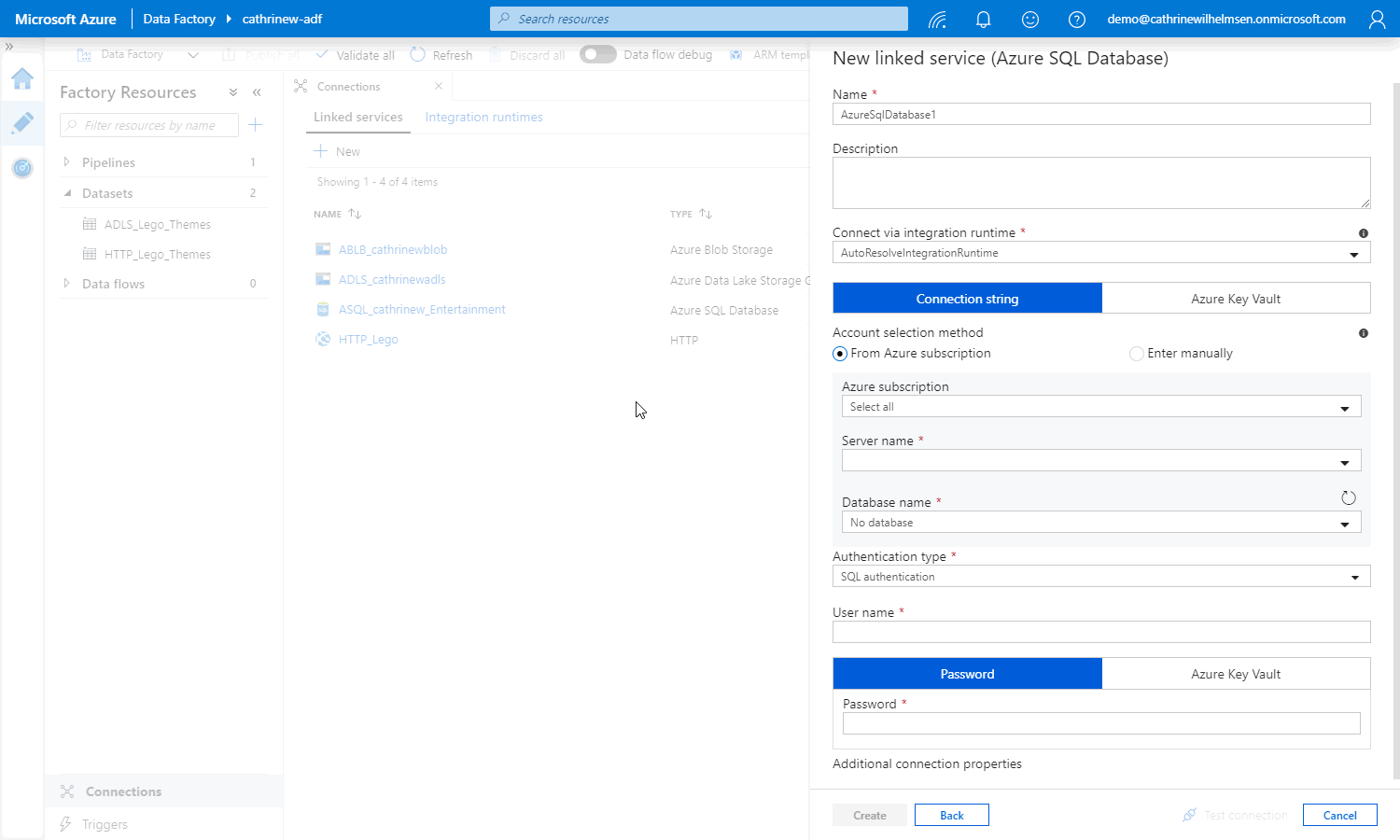 Screenshot of the new linked service pane, showing the properties for an Azure SQL Database
