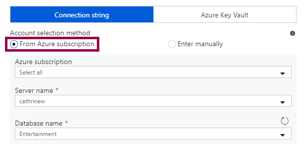 Screenshot of the connection string properties when selecting the connection from an Azure subscription