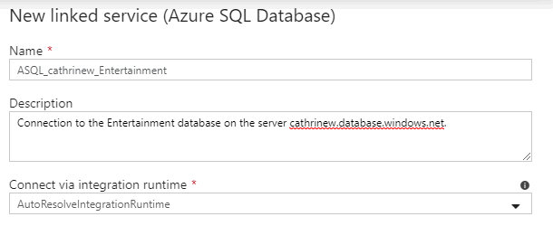 Screenshot of the Azure SQL Database linked service properties, highlighting the general properties
