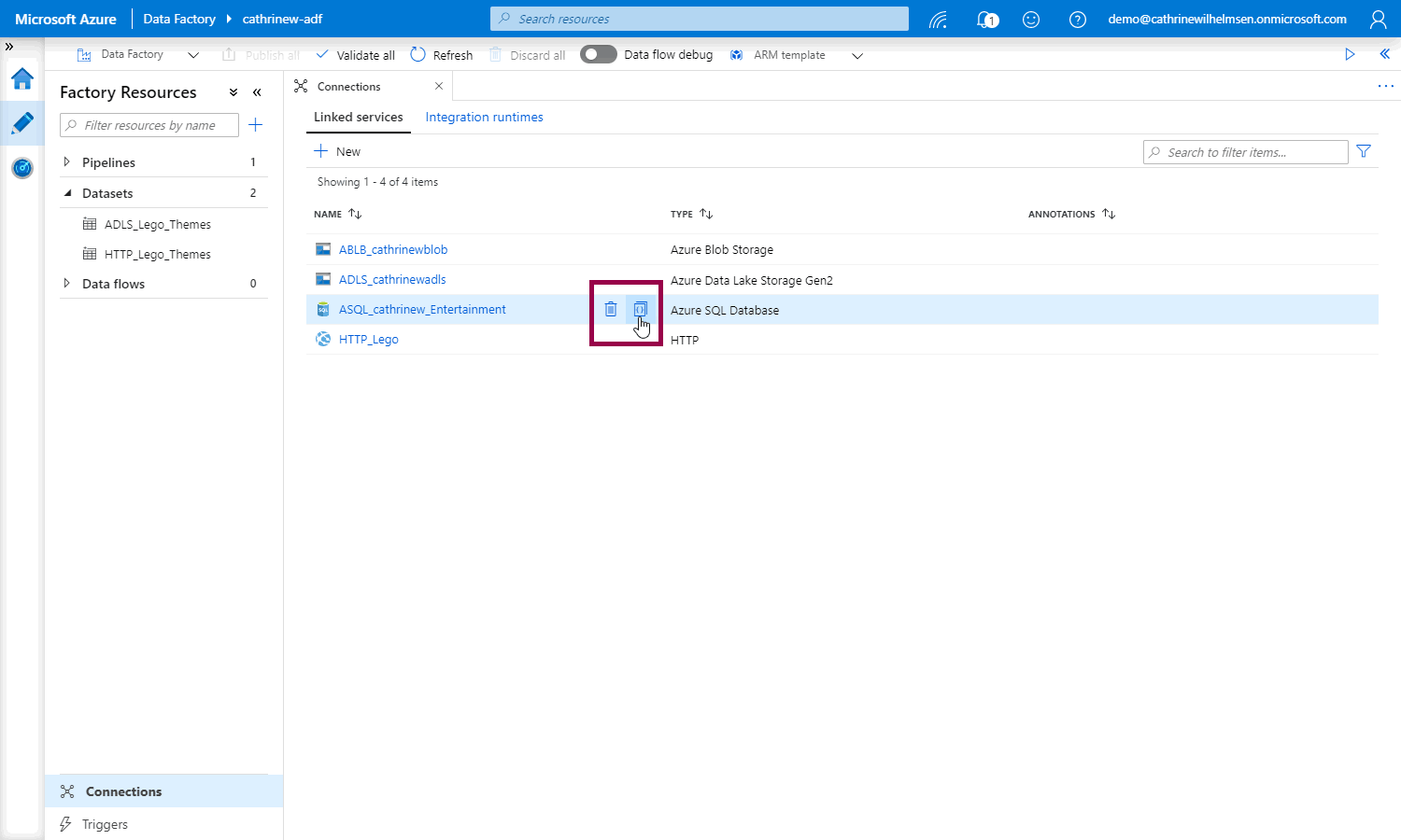 Screenshot of the Azure Data Factory interface, highlighting hovering over the the new Azure SQL Database linked service to show the delete and code buttons