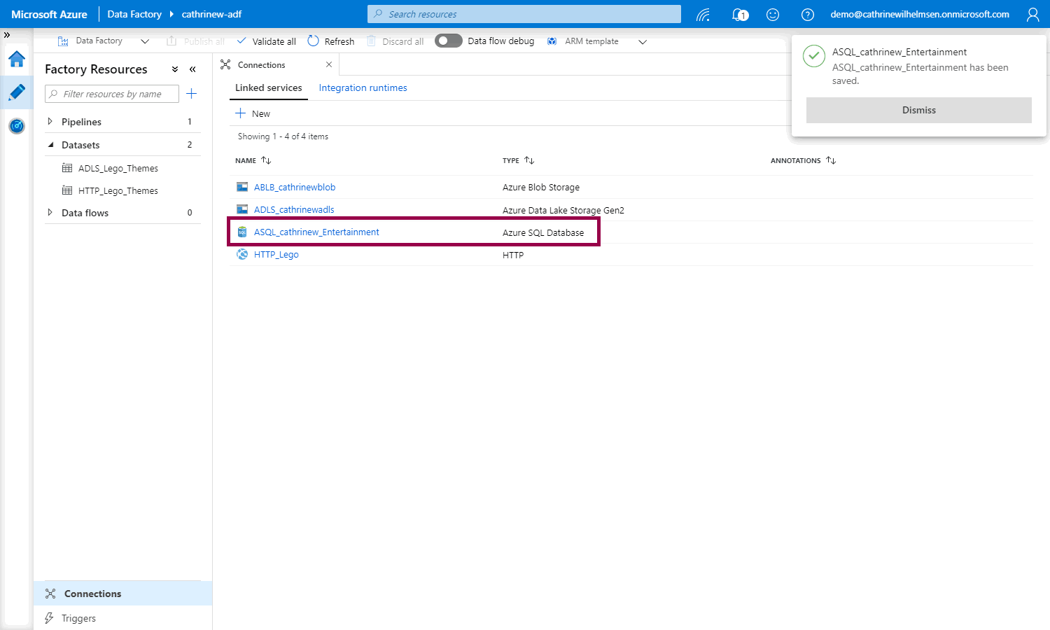 Screenshot of the Azure Data Factory interface, highlighting the new Azure SQL Database linked service