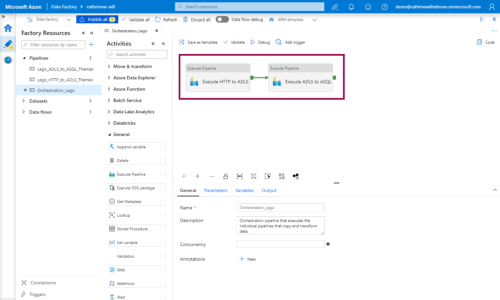 Screenshot of orchestrating pipelines using Execute Pipeline activities