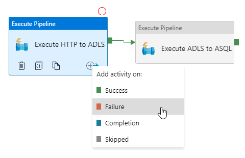 Screenshot of adding output on an execute pipeline activity, highlighting the pop-up menu