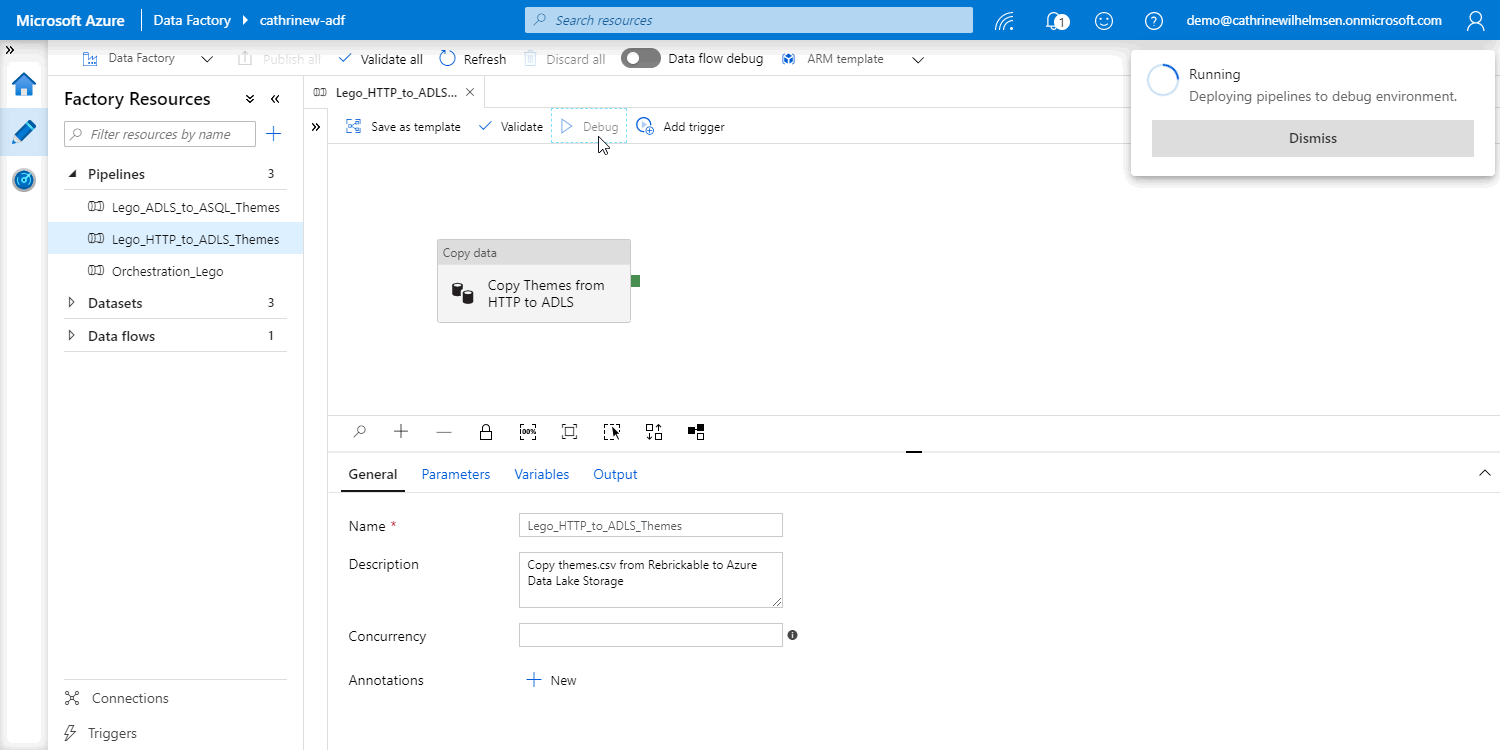 Screenshot of the Azure Data Factory interface, with a pipeline open and being deployed to the debug environment