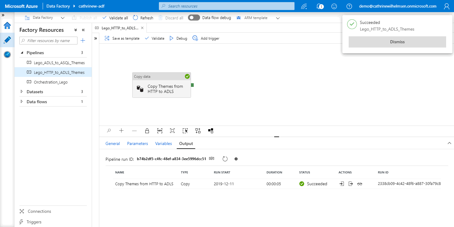 Screenshot of the Azure Data Factory interface, with a pipeline debugged successfully