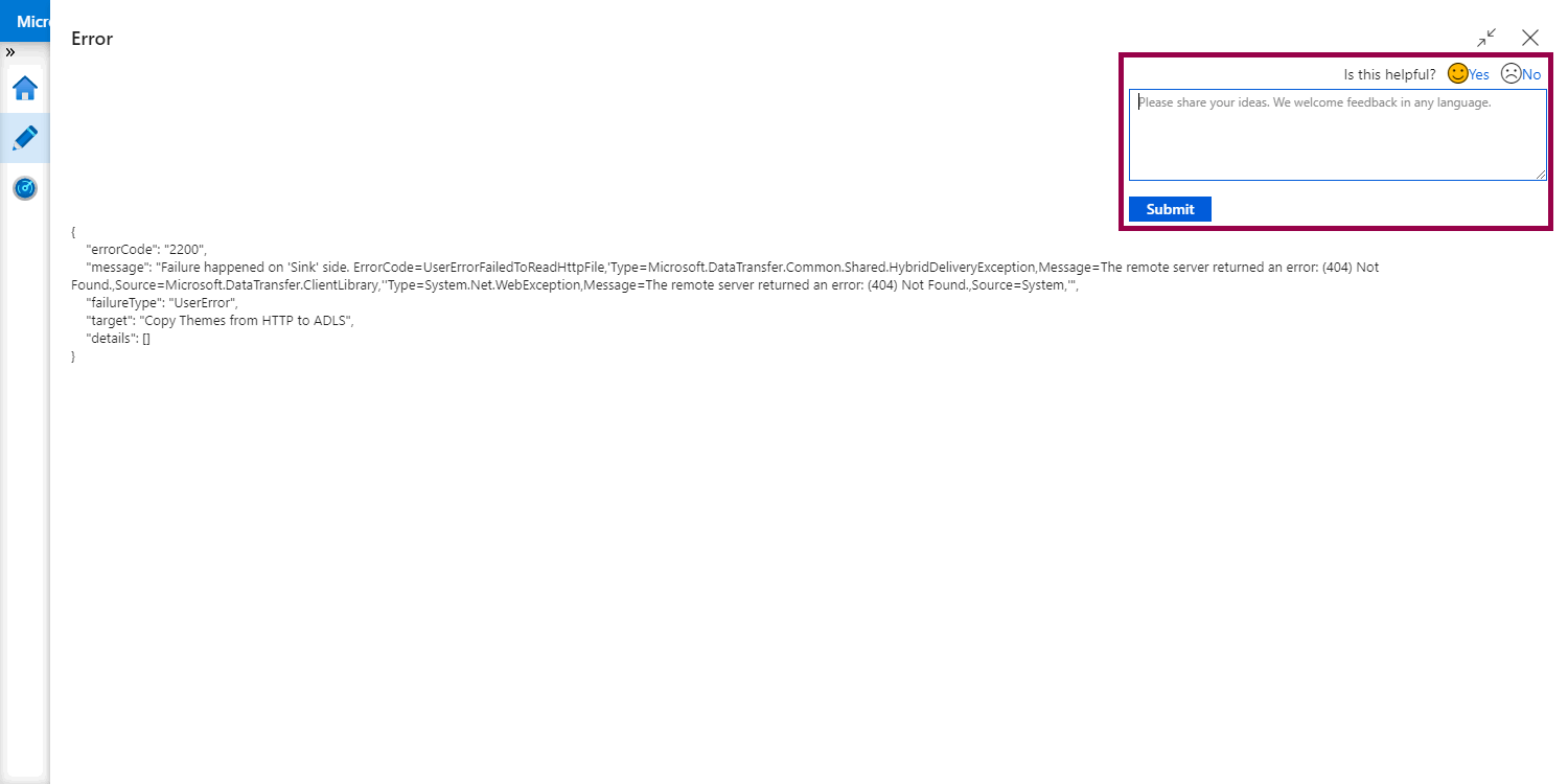 Screenshot of the error JSON, highlighting the feedback form