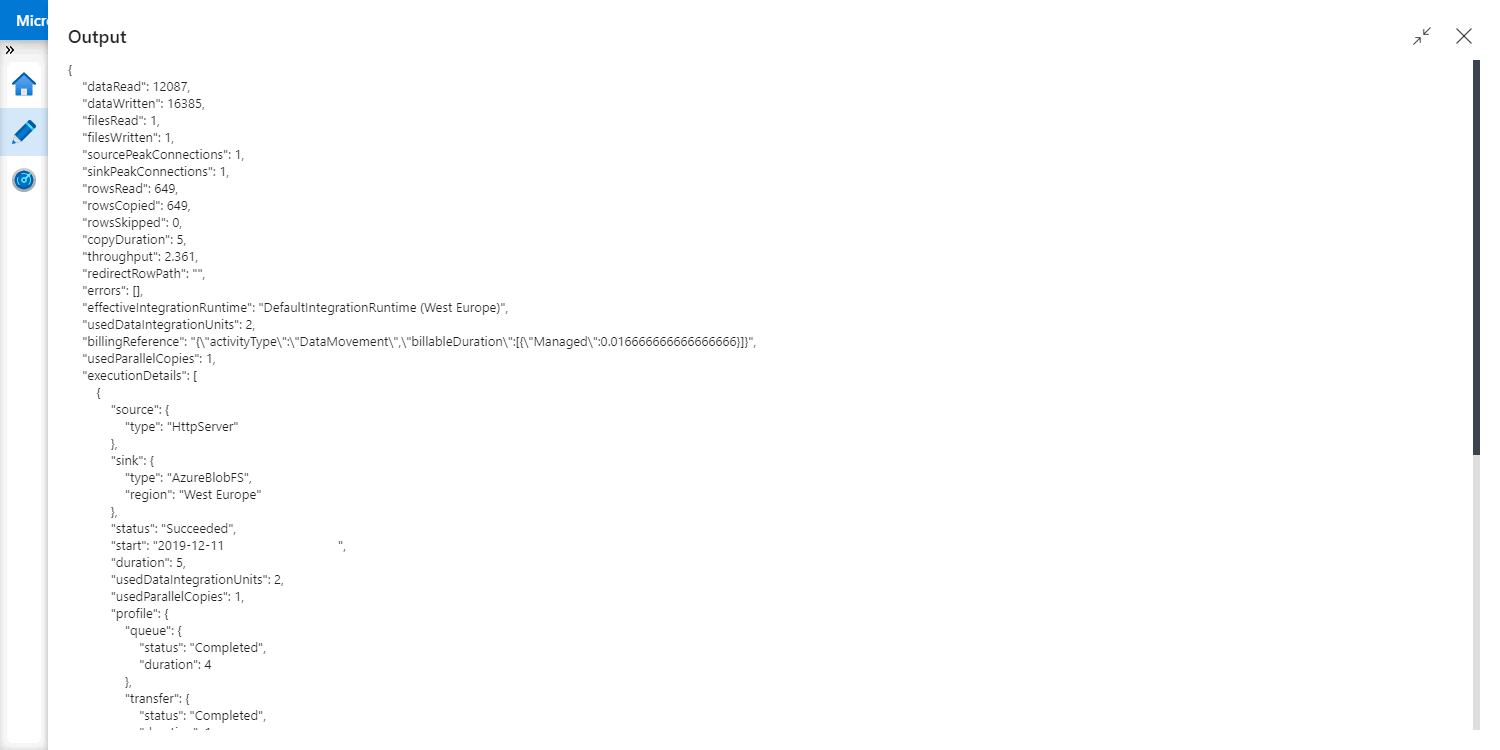 Screenshot of the output JSON