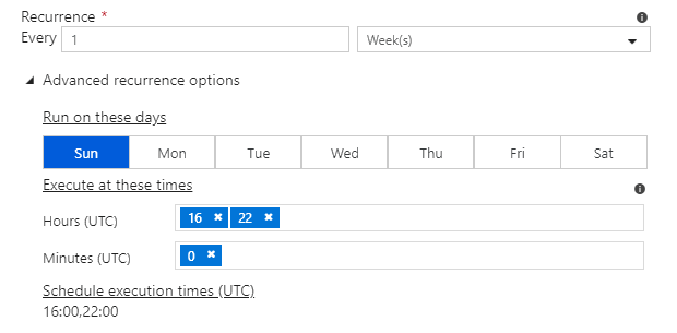 Screenshot of the new trigger pane for a schedule trigger, highlighting the advanced settings for weekly recurrence