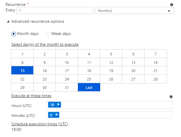 Screenshot of the new trigger pane for a schedule trigger, highlighting the advanced settings for monthly recurrence