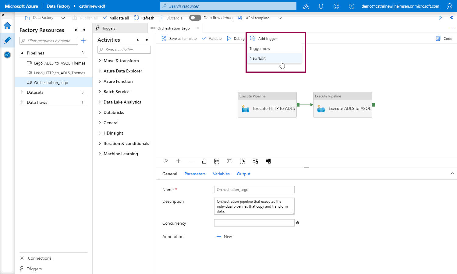Screenshot of Azure Data Factory user interface with a pipeline open, highlighting the trigger menu