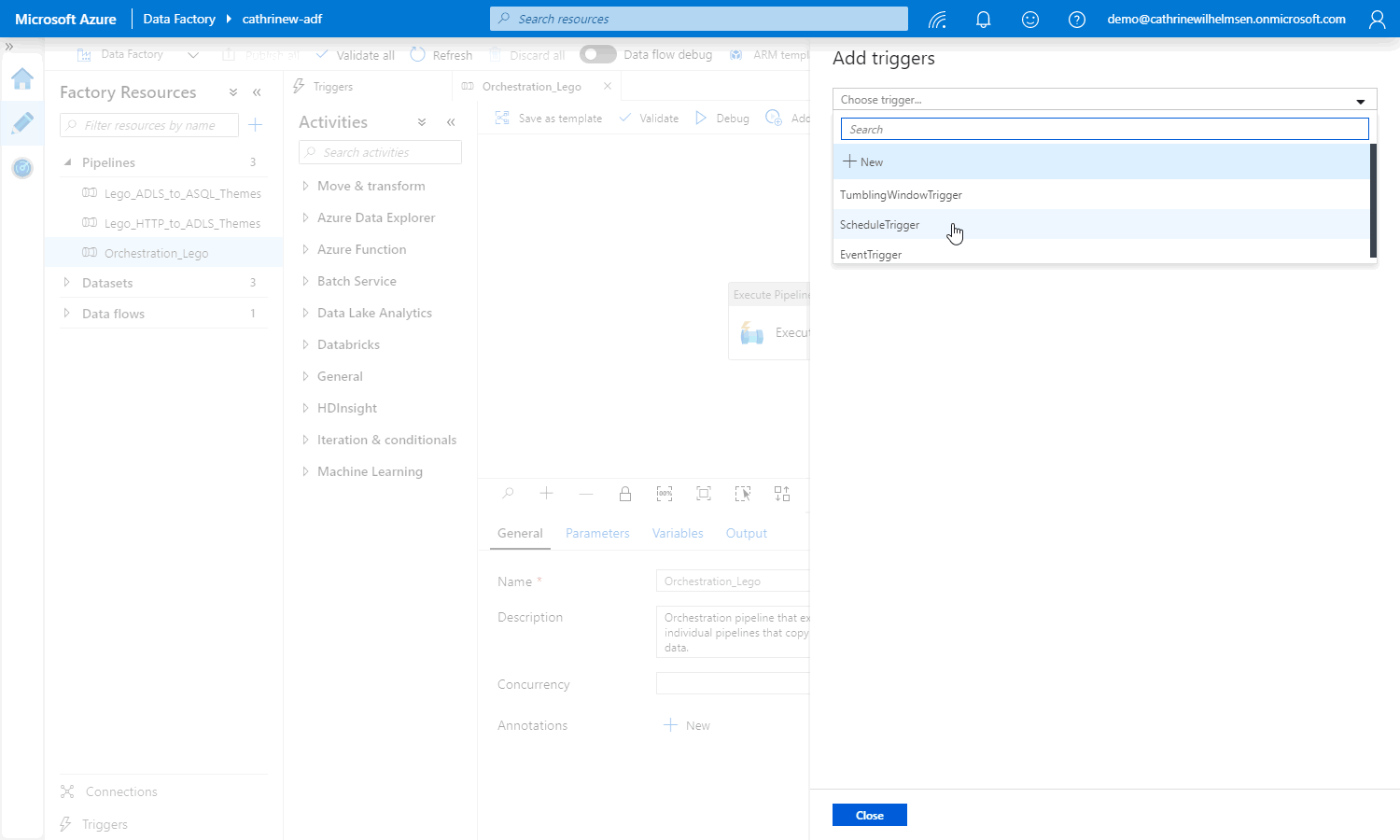 Screenshot of Azure Data Factory user interface with a pipeline open and showing the add trigger pane