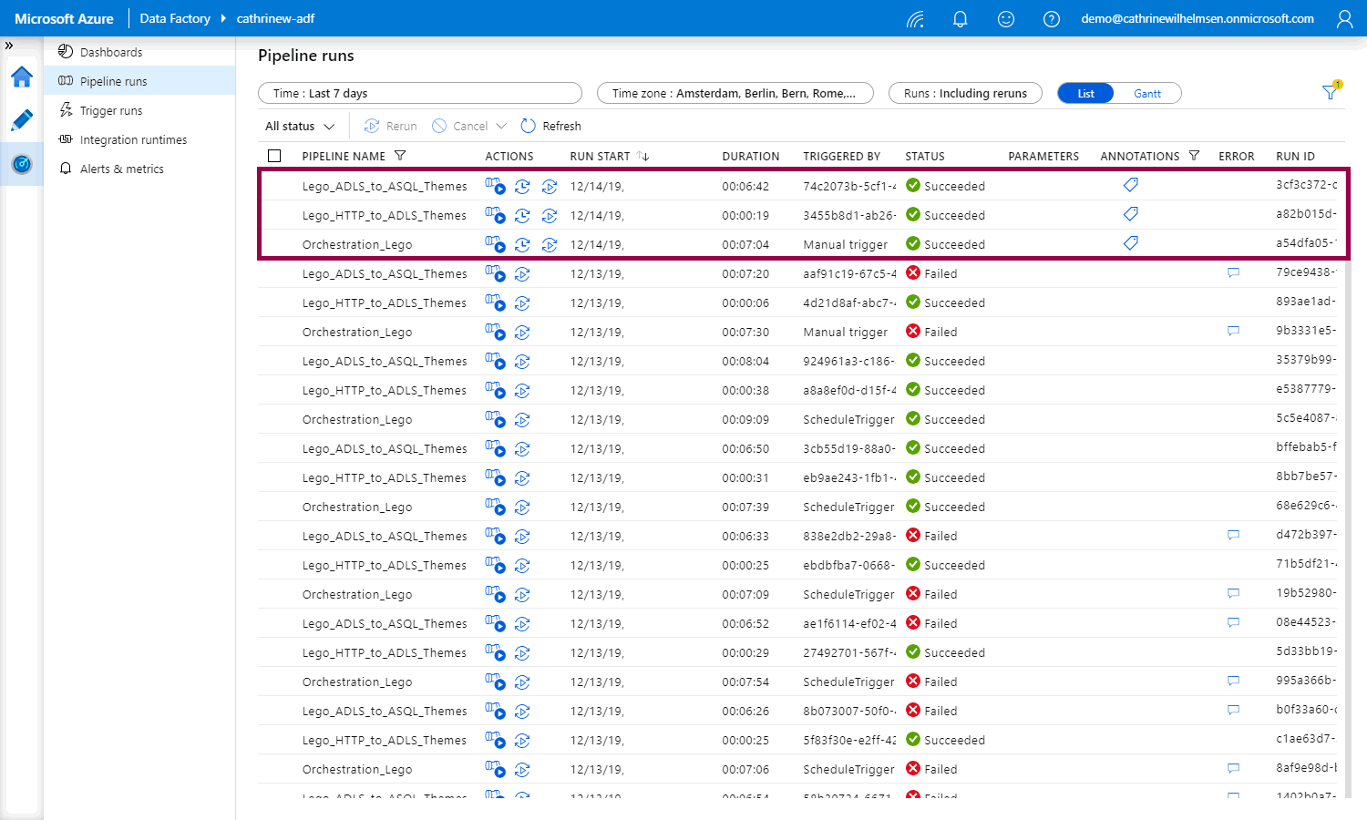 Screenshot of the pipeline runs monitoring view, highlighting the latest pipeline runs with annotations