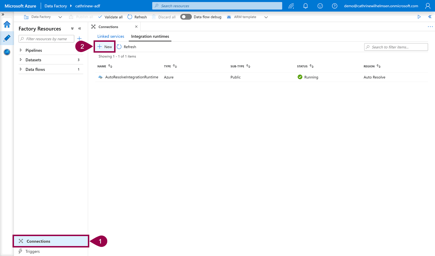 Screenshot of the Azure Data Factory interface with the integration runtimes open, highlighting the new integration runtime button