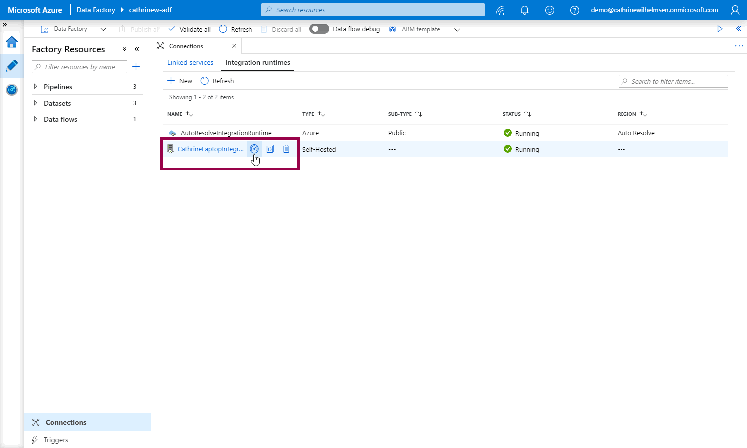 Screenshot of the Azure Data Factory interface with the integration runtimes open, highlighting the monitor integration runtime button