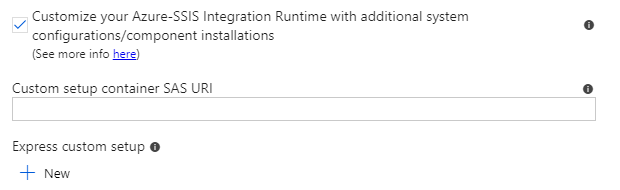 Screenshot of the Azure-SSIS integration runtime setting for custom setup