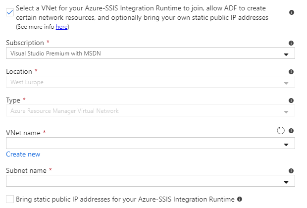 Screenshot of the Azure-SSIS integration runtime setting for VNet