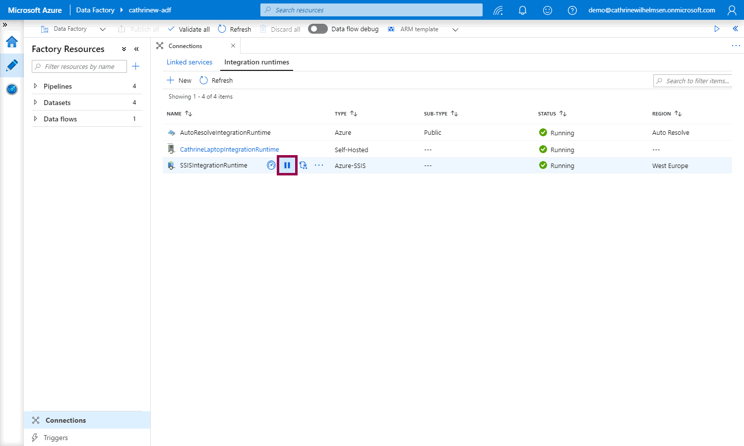 Screenshot of the Azure Data Factory interface with the integration runtimes open, highlighting the stop button for the Azure-SSIS integration runtime