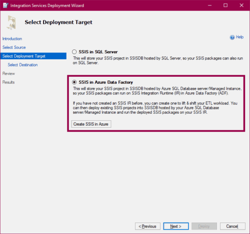 Screenshot of deploying an SSIS project from Visual Studio