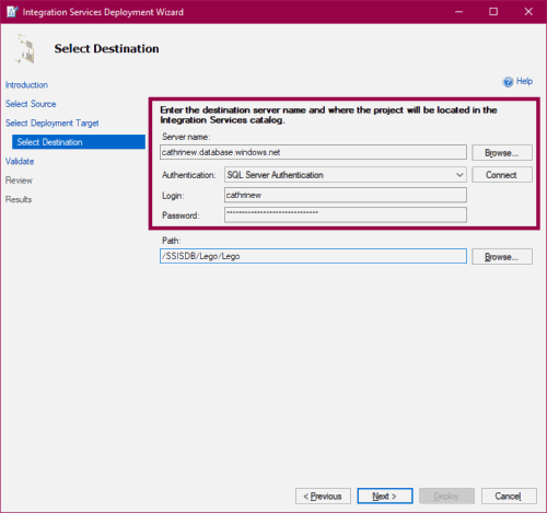 Screenshot of deploying an SSIS project from Visual Studio, highlighting the SSISDB we created with the Azure-SSIS integration runtime