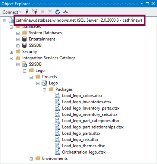 Screenshot of SSMS, highlighting that we&rsquo;re connected to the database with the new SSISDB