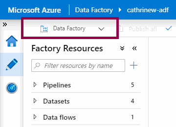 Screenshot of the Azure Data Factory interface, highlighting the Azure Data Factory authoring mode