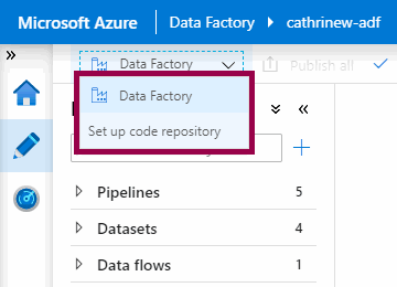 Screenshot of the Azure Data Factory interface, highlighting the menu option for setting up a source control code repository