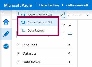 Screenshot of the Azure Data Factory interface, highlighting the menu for switching between authoring modes