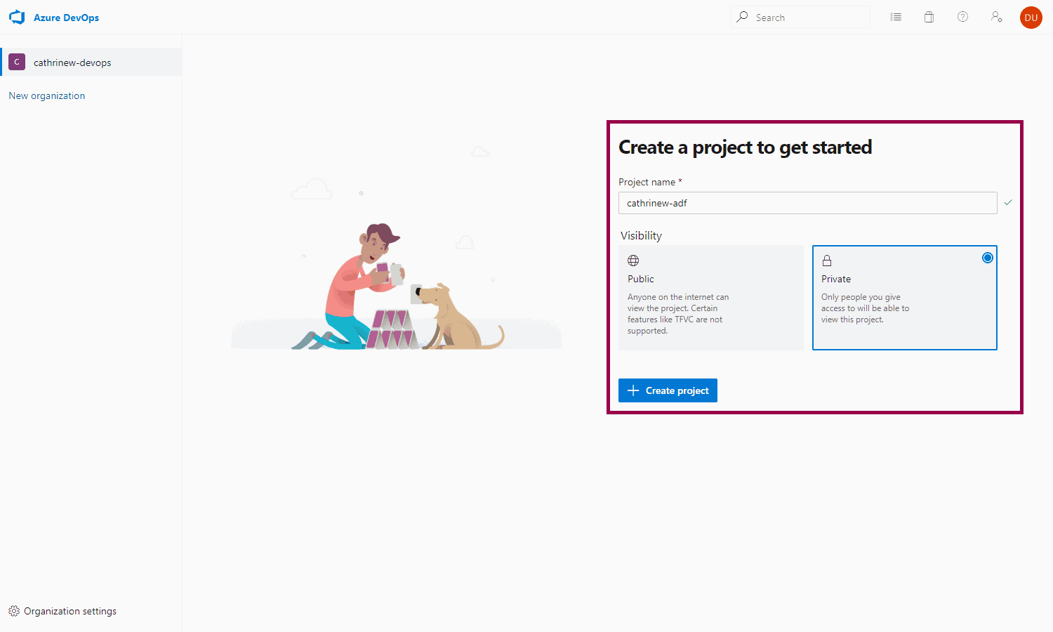 Screenshot of creating a new Azure DevOps project