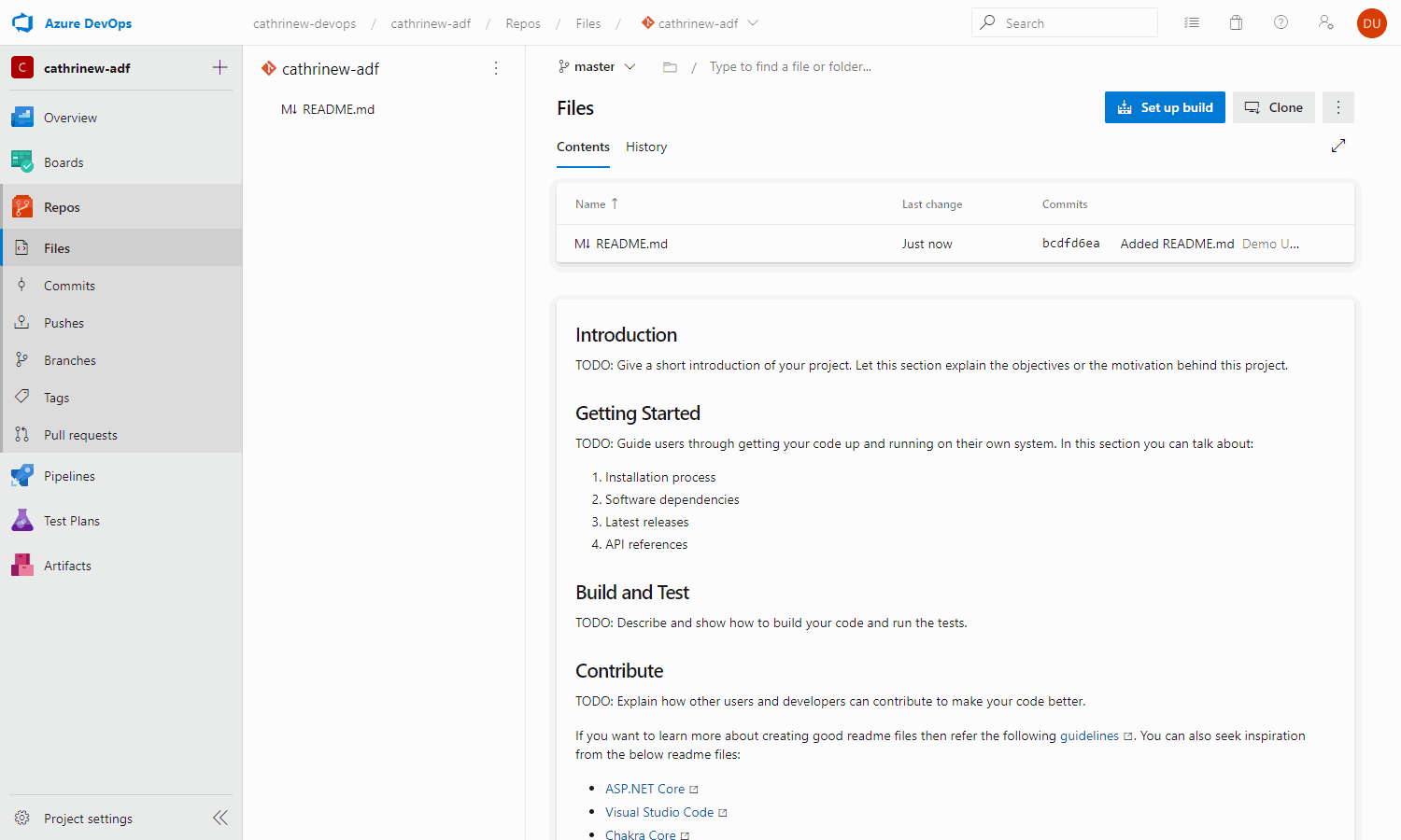 Screenshot of the empty code repository in Azure DevOps