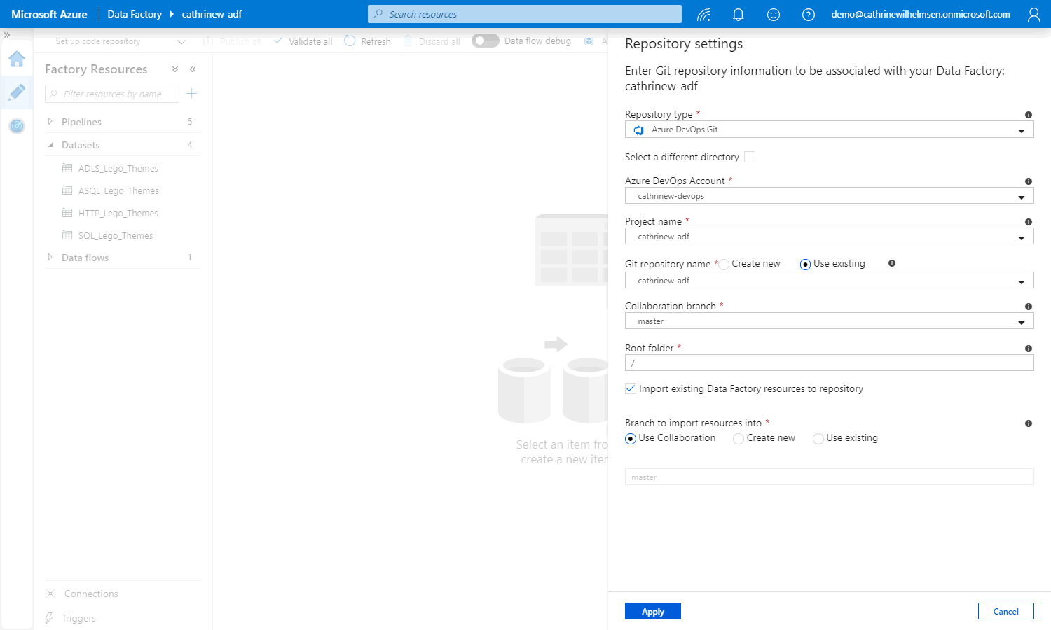 Screenshot of connecting to an Azure DevOps code repository in Azure Data Factory