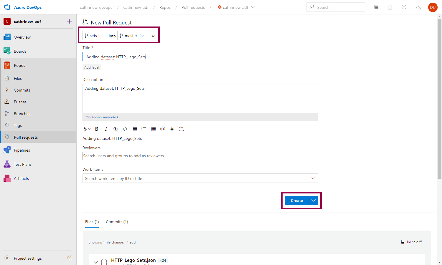Screenshot of a pull request in Azure DevOps