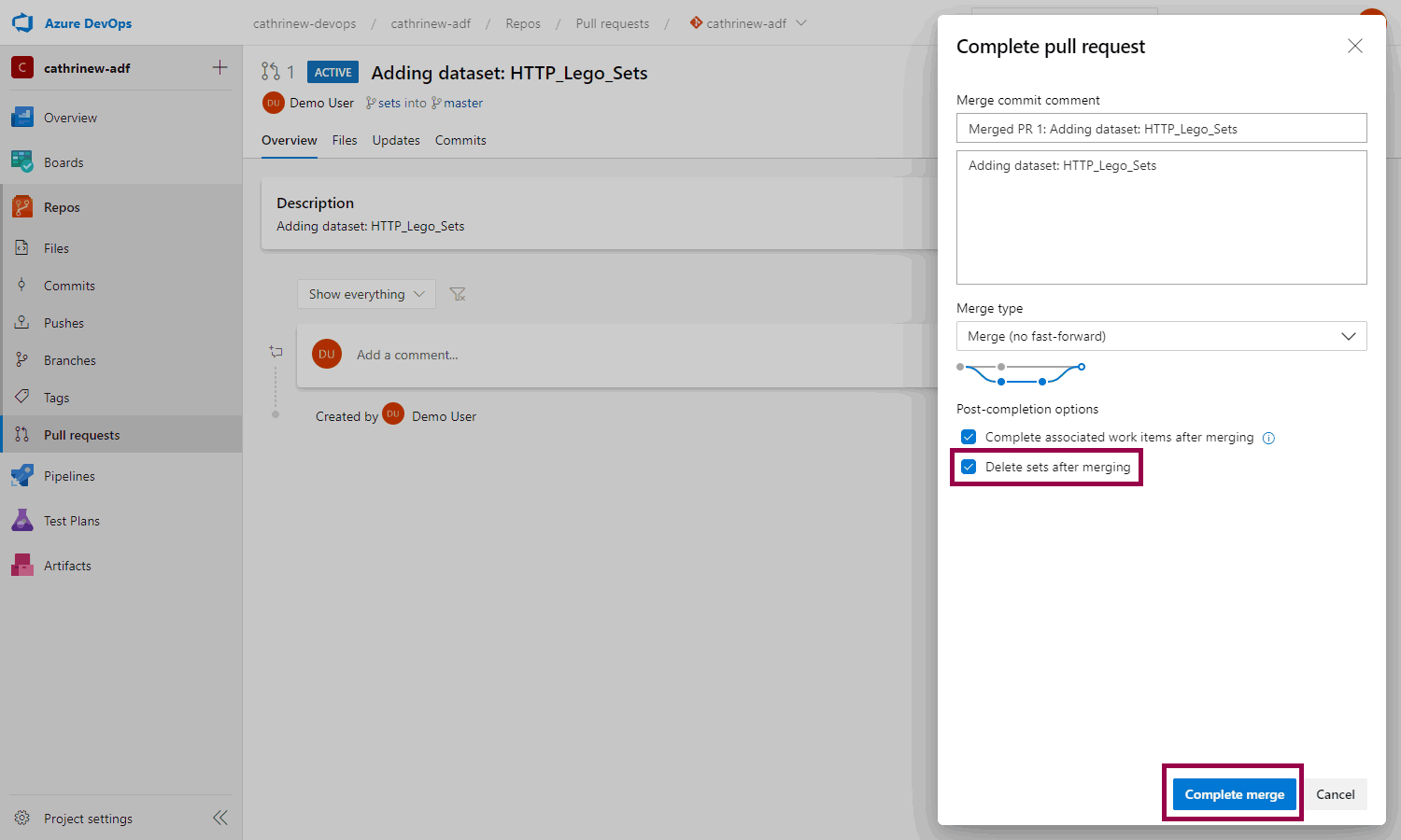 Screenshot of the complete pull request screen in Azure DevOps, highlighting the delete branch option