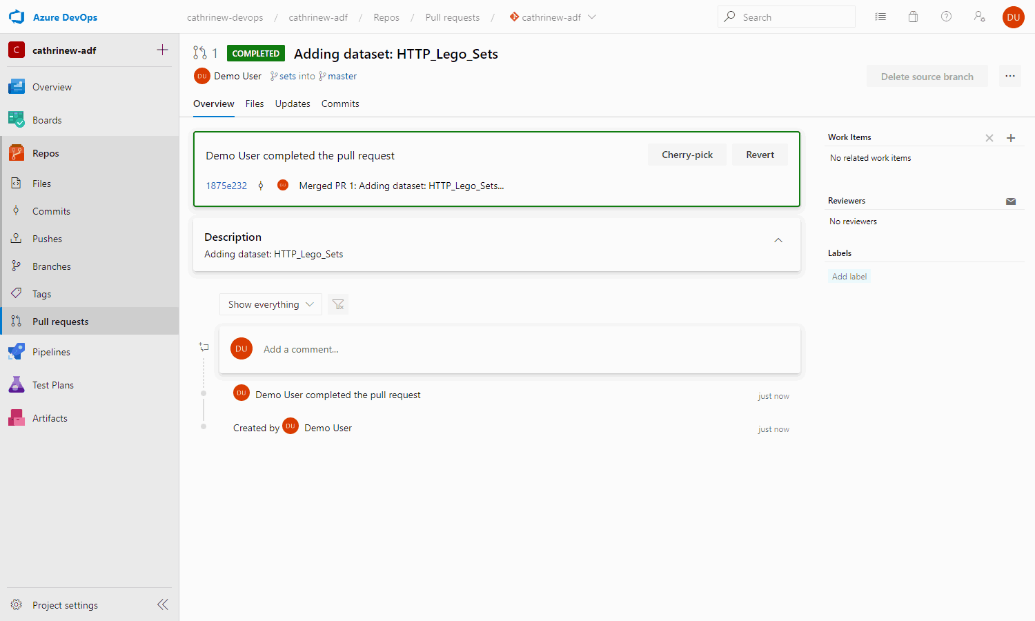 Screenshot of a completed pull request in Azure DevOps