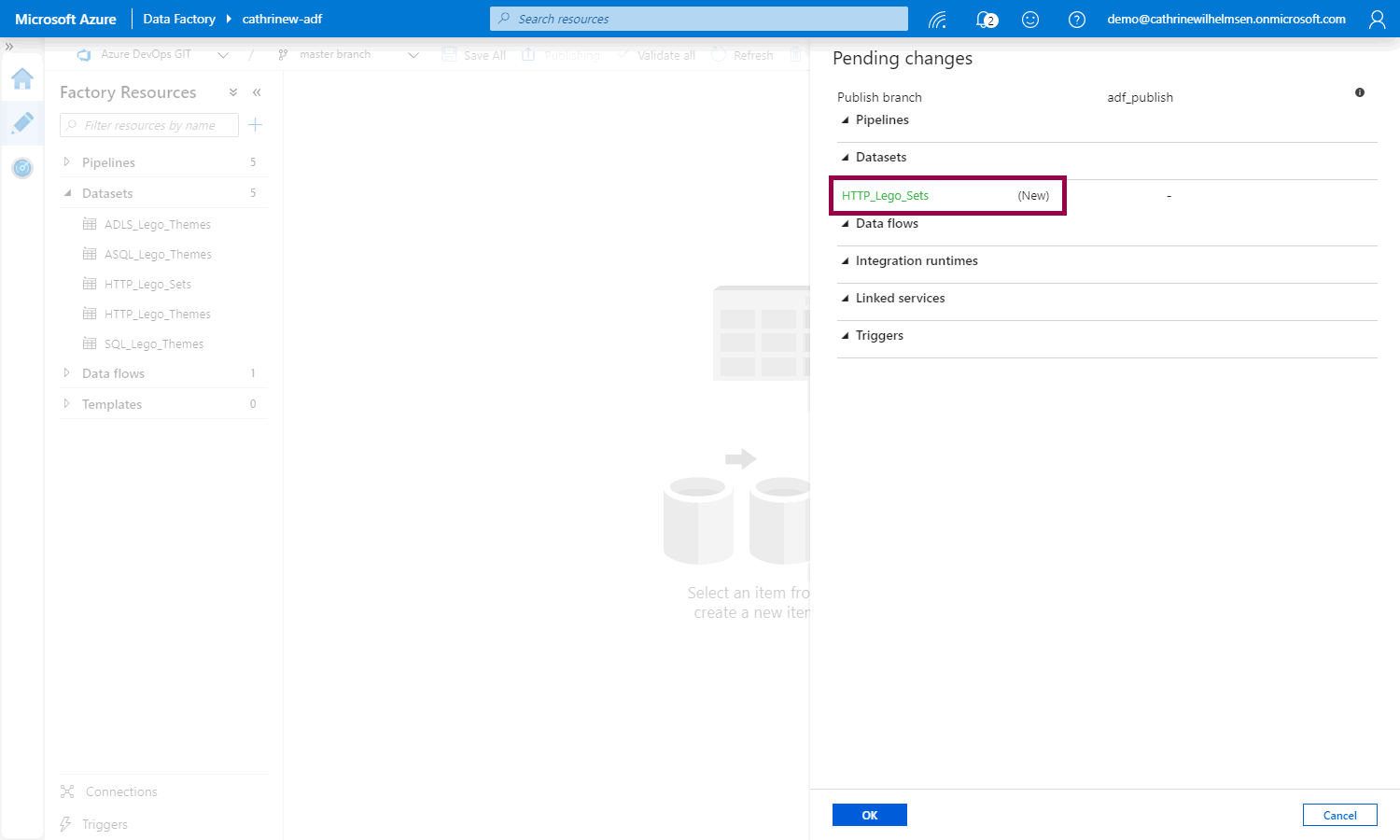 Screenshot of the pending changes pane in Azure Data Factory