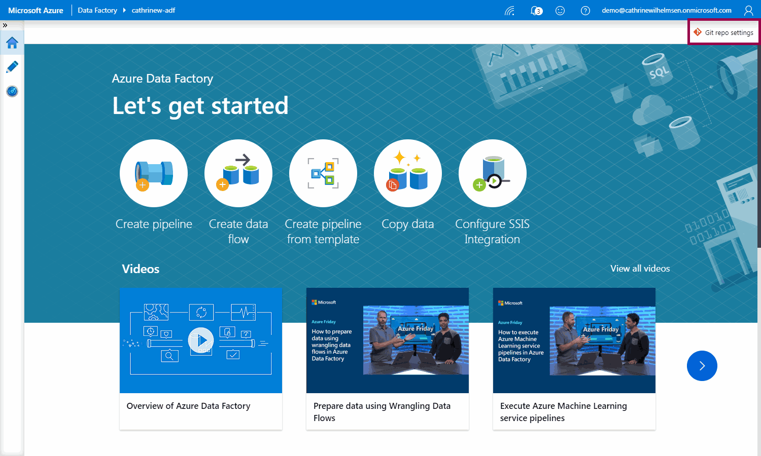 Screenshot of the Azure Data Factory home page, highlighting the Git repo settings button