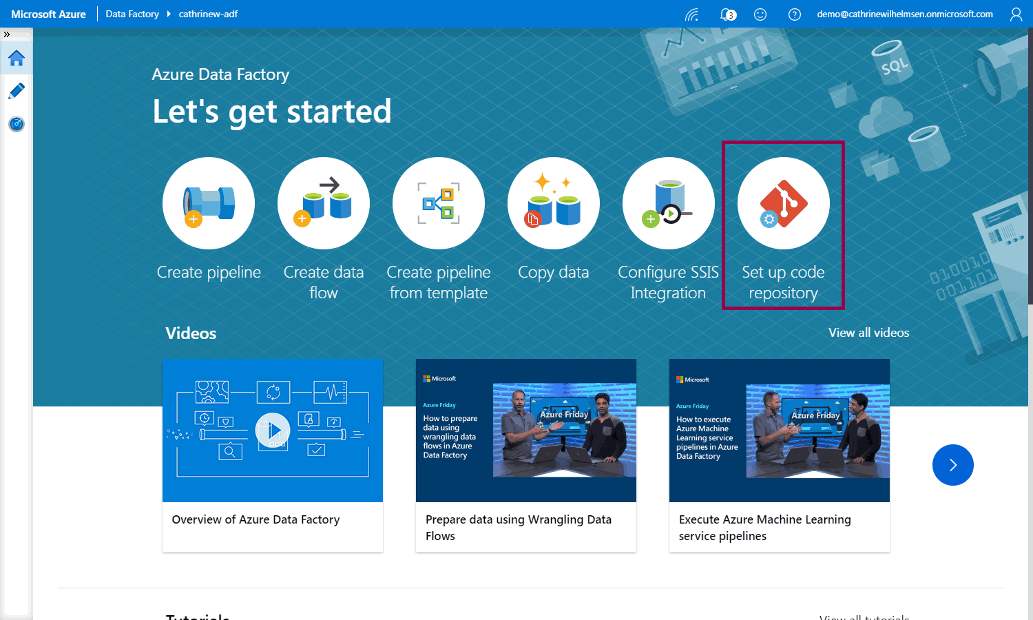 Screenshot of the Azure Data Factory home page, highlighting the set up code repository button