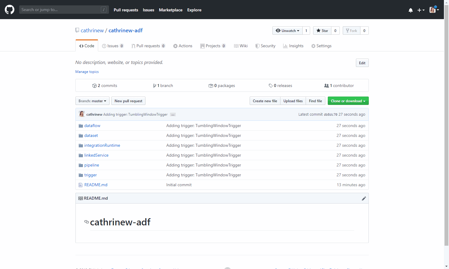 Screenshot of GitHub, showing the imported Azure Data Factory resources