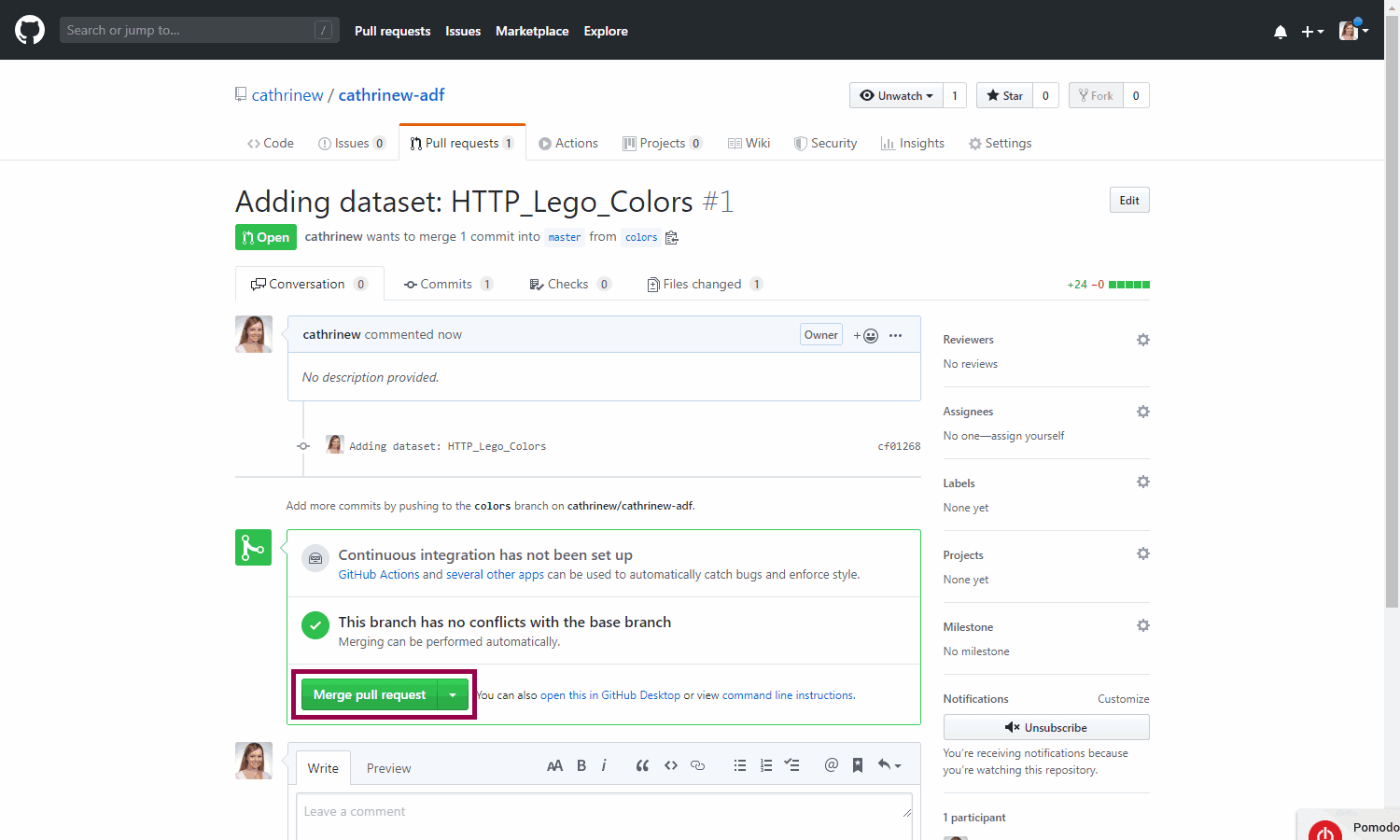 Screenshot of GitHub, highlighting the merge pull request button