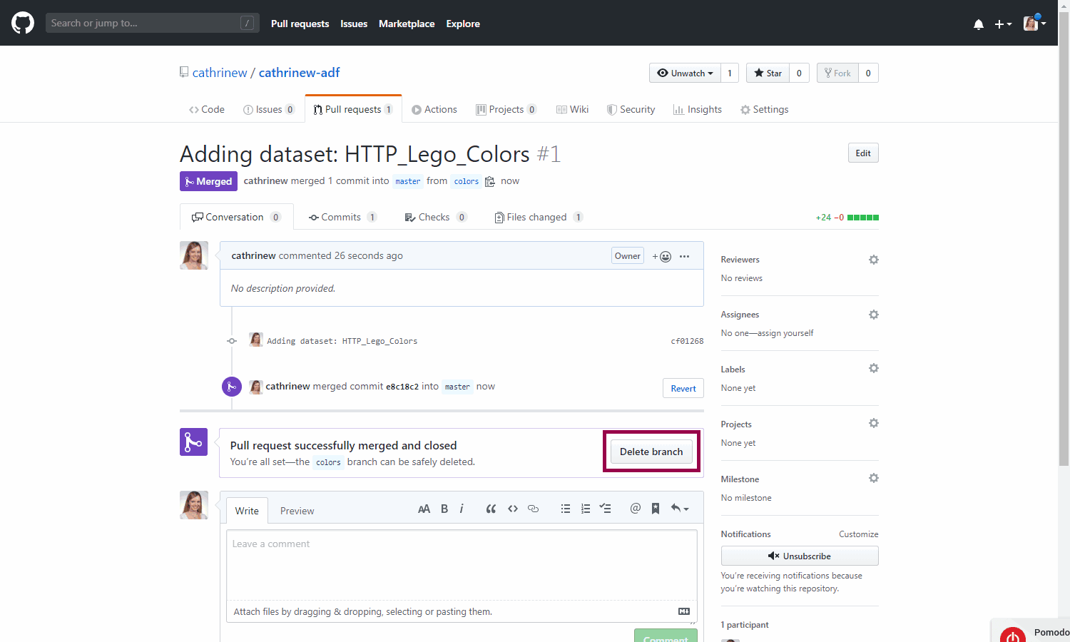 Screenshot of GitHub, highlighting the delete branch button