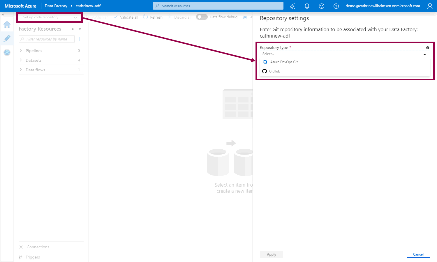 Screenshot of the Azure Data Factory interface, highlighting the repository type in the repository settings pane