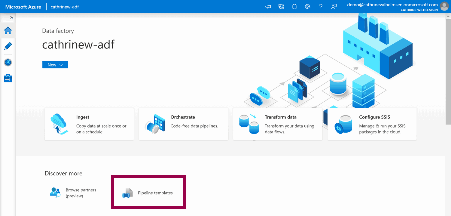 Screenshot of the Azure Data Factory Home page, highlighting the create pipeline from template option