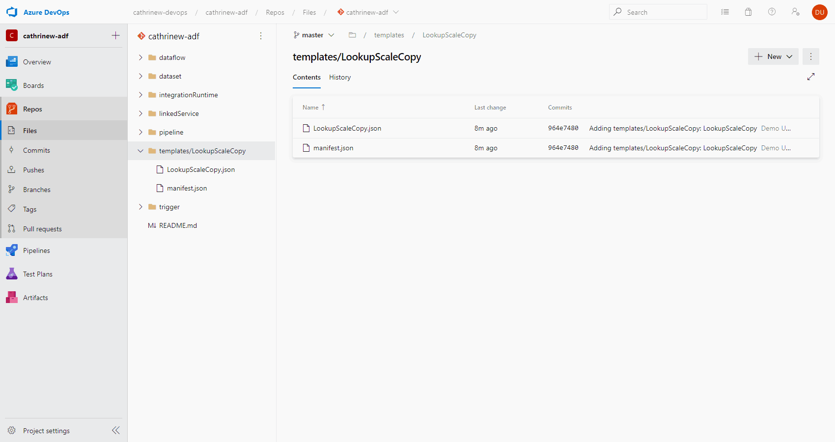 Screenshot of the Azure DevOps code repository, showing custom templates